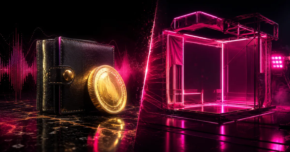 A solid coin beside a hollow neon wireframe, contrasting real money and a sponsored balance